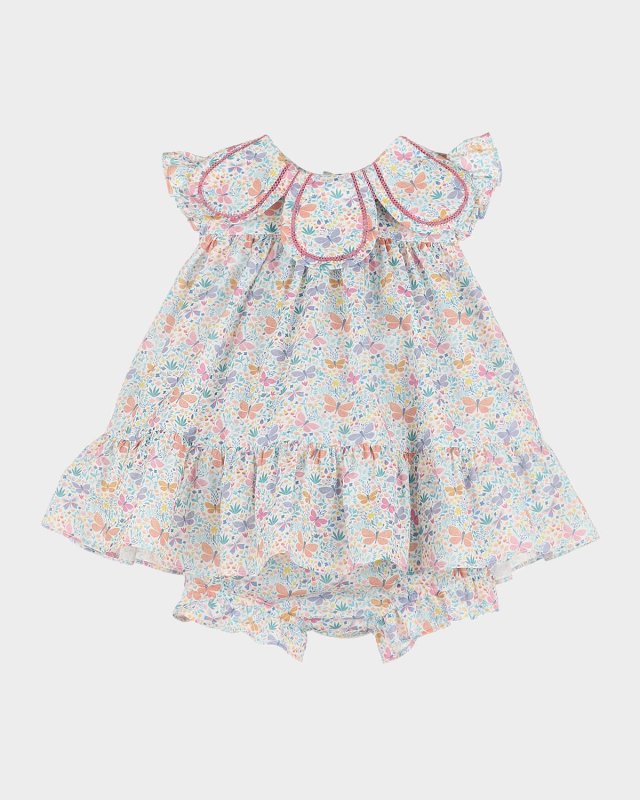 Girl's Butterfly-Print Petal Collared Dress, Size 3M-